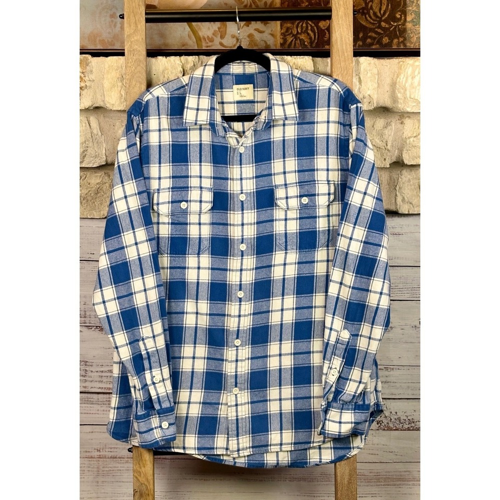 Old Navy Mens Blue White Plaid Flannel Button Down Shirt Large